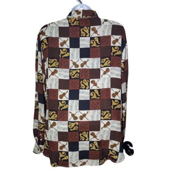 Ishyu 100% Silk Violin Music Patchwork Button Up Blouse Top 14/L - Picture 3 of 8